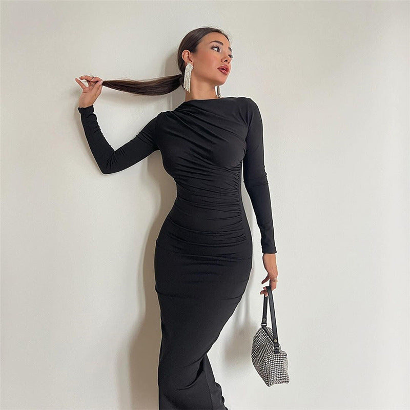 Autumn Winter Women Clothing Round Neck Long Sleeve Slim Sheath Solid - Craze Trends