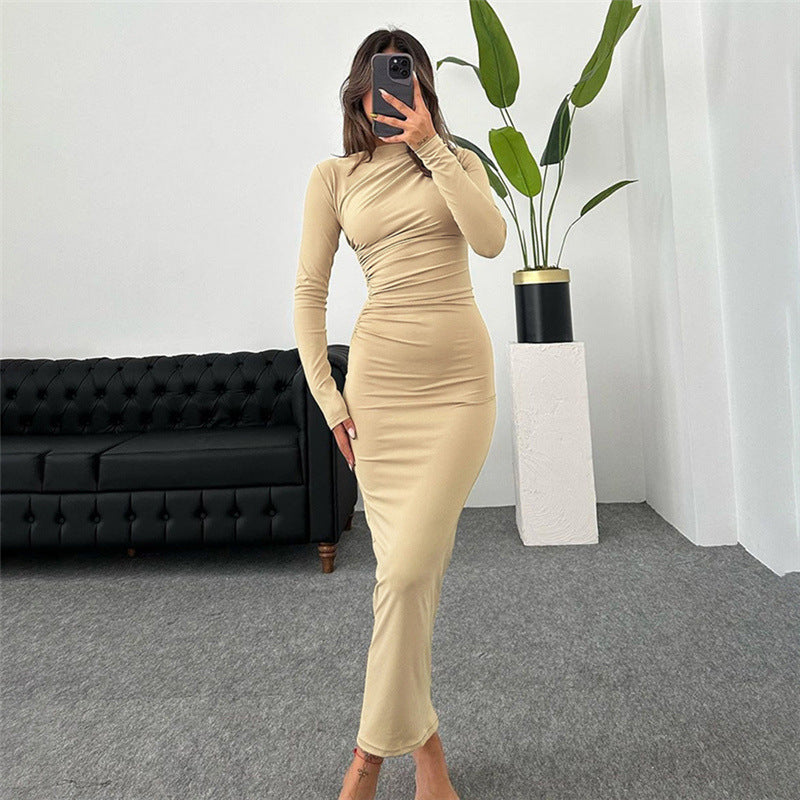 Autumn Winter Women Clothing Round Neck Long Sleeve Slim Sheath Solid - Craze Trends