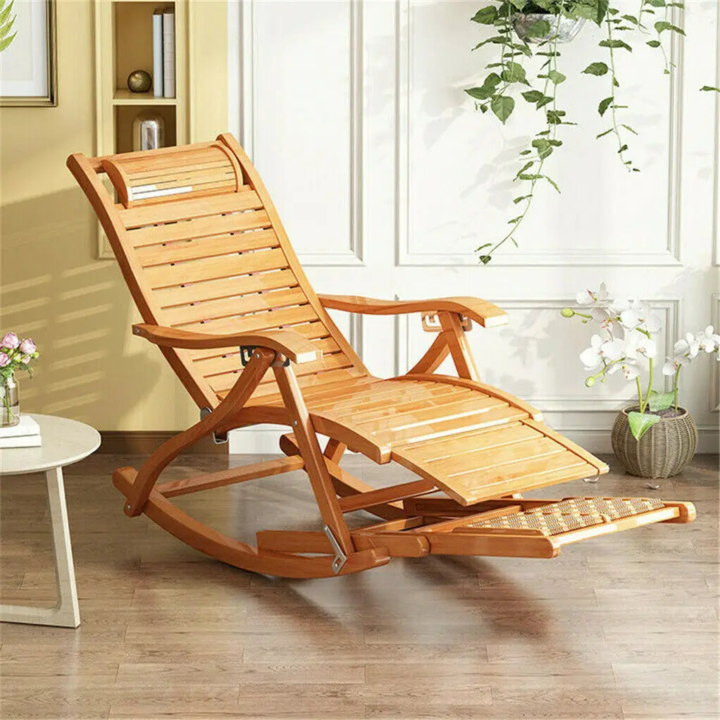 Heavy Duty Bamboo Rocking Chair Adjustable Lounge Recliner Leisure