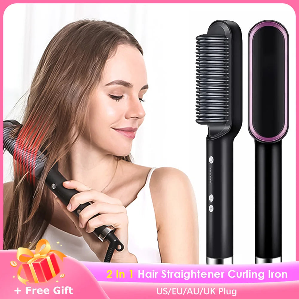 2-In-1 Hair Straightening Brush & Curling Iron - Craze Trends