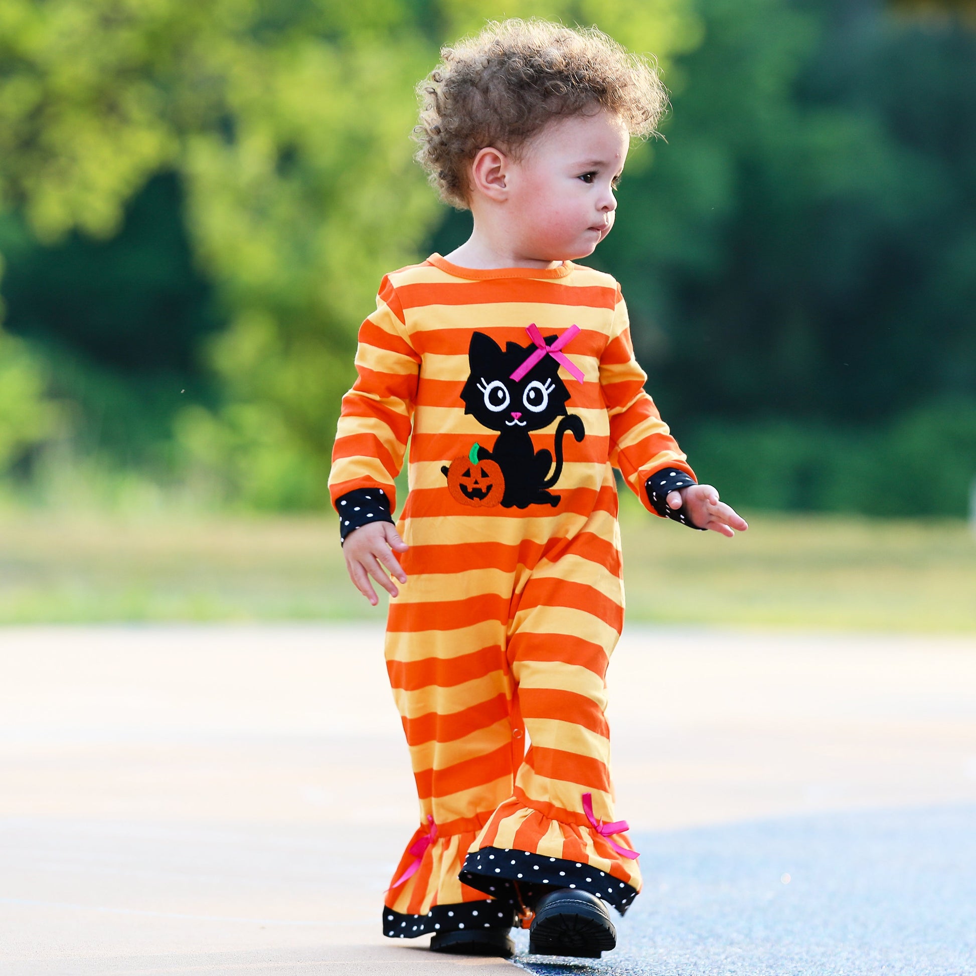 AnnLoren Baby Girls Halloween Sweet Black Cat Orange Cotton Romper - Craze Trends