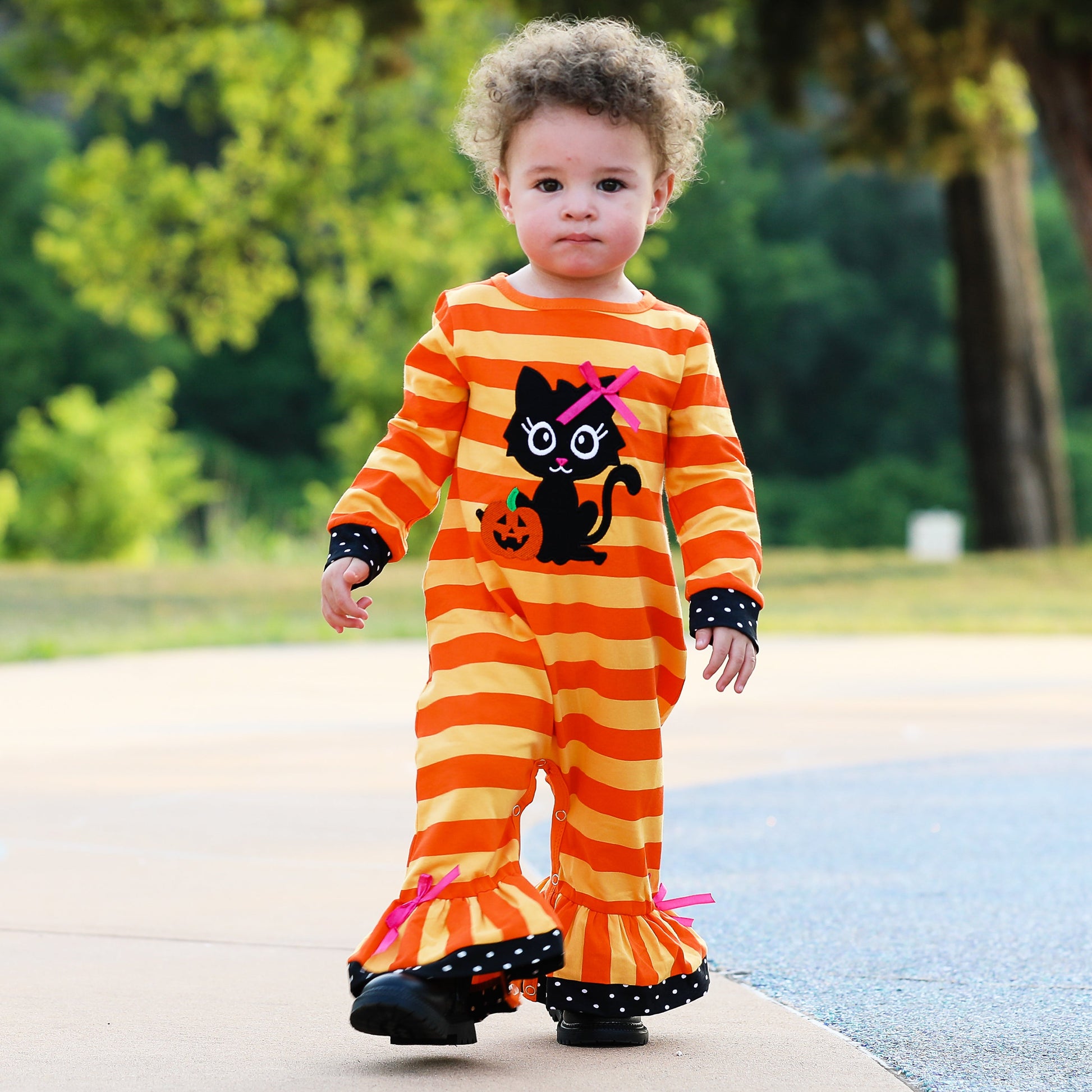 AnnLoren Baby Girls Halloween Sweet Black Cat Orange Cotton Romper - Craze Trends