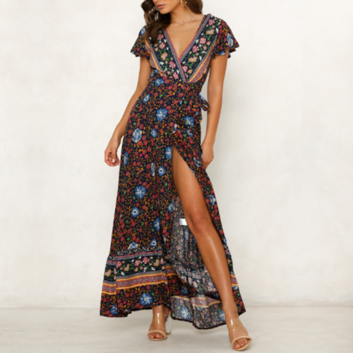 Womens Wrap Style V Neck Floral Maxi Dress