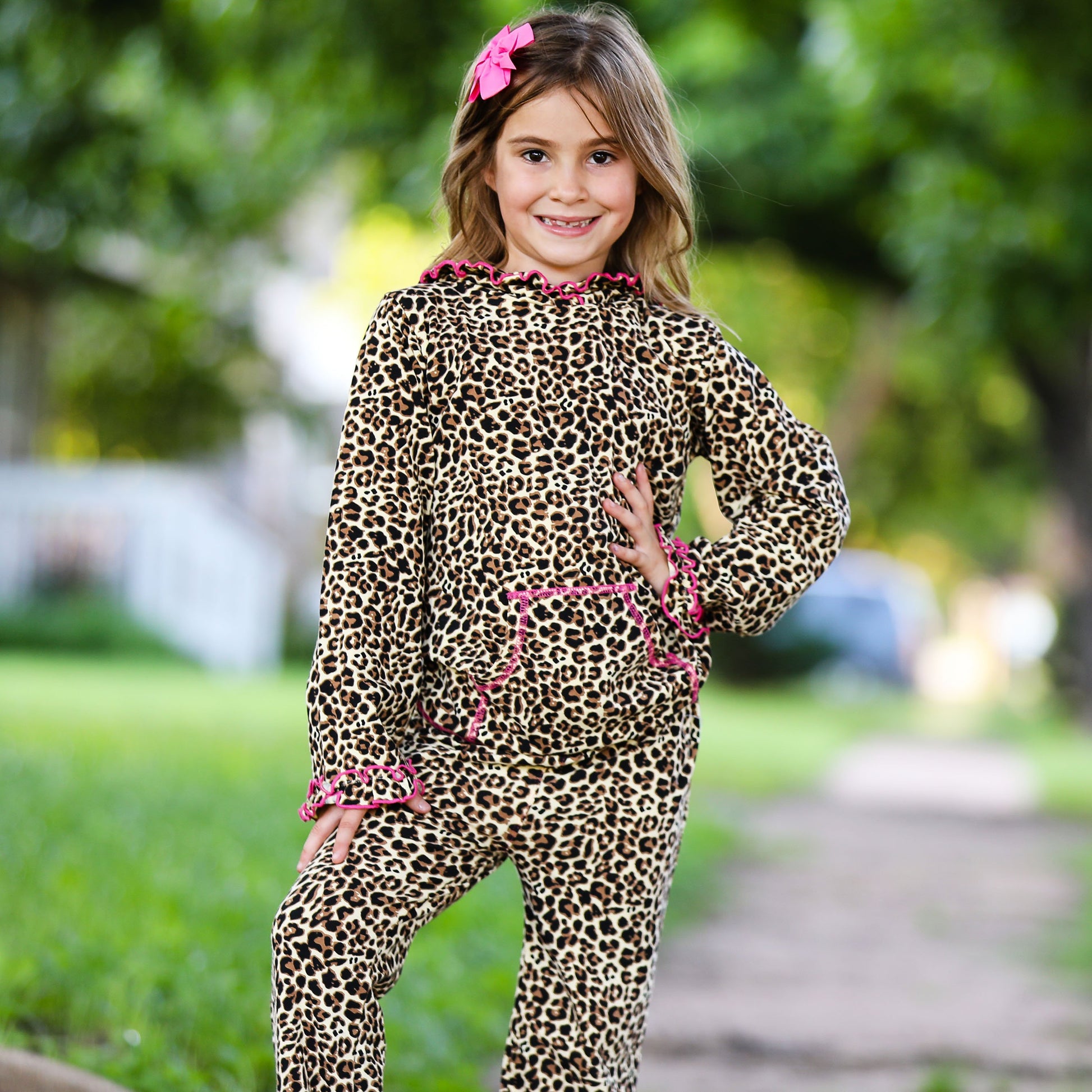 AnnLoren Girls Leopard Ruffle Hoodie 2 Pc Fashion Track Suit - Craze Trends