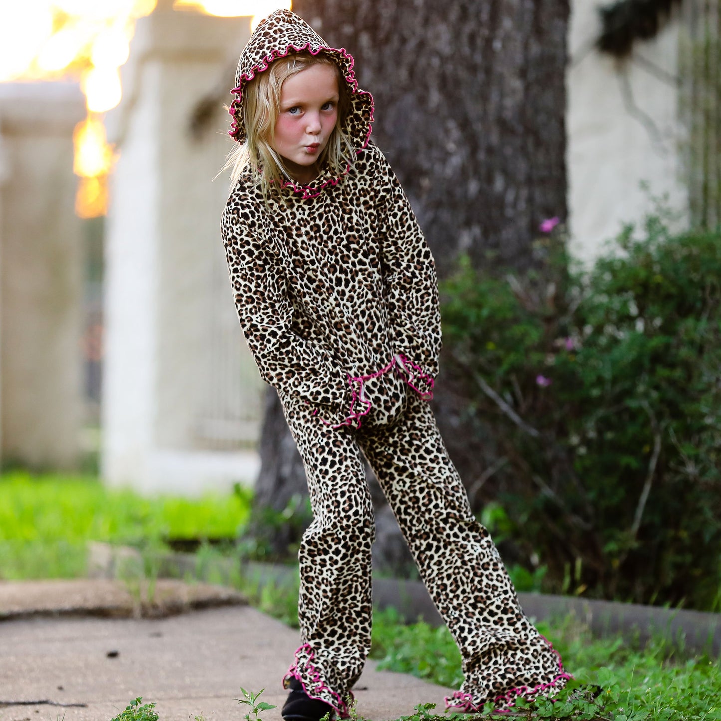 AnnLoren Girls Leopard Ruffle Hoodie 2 Pc Fashion Track Suit - Craze Trends