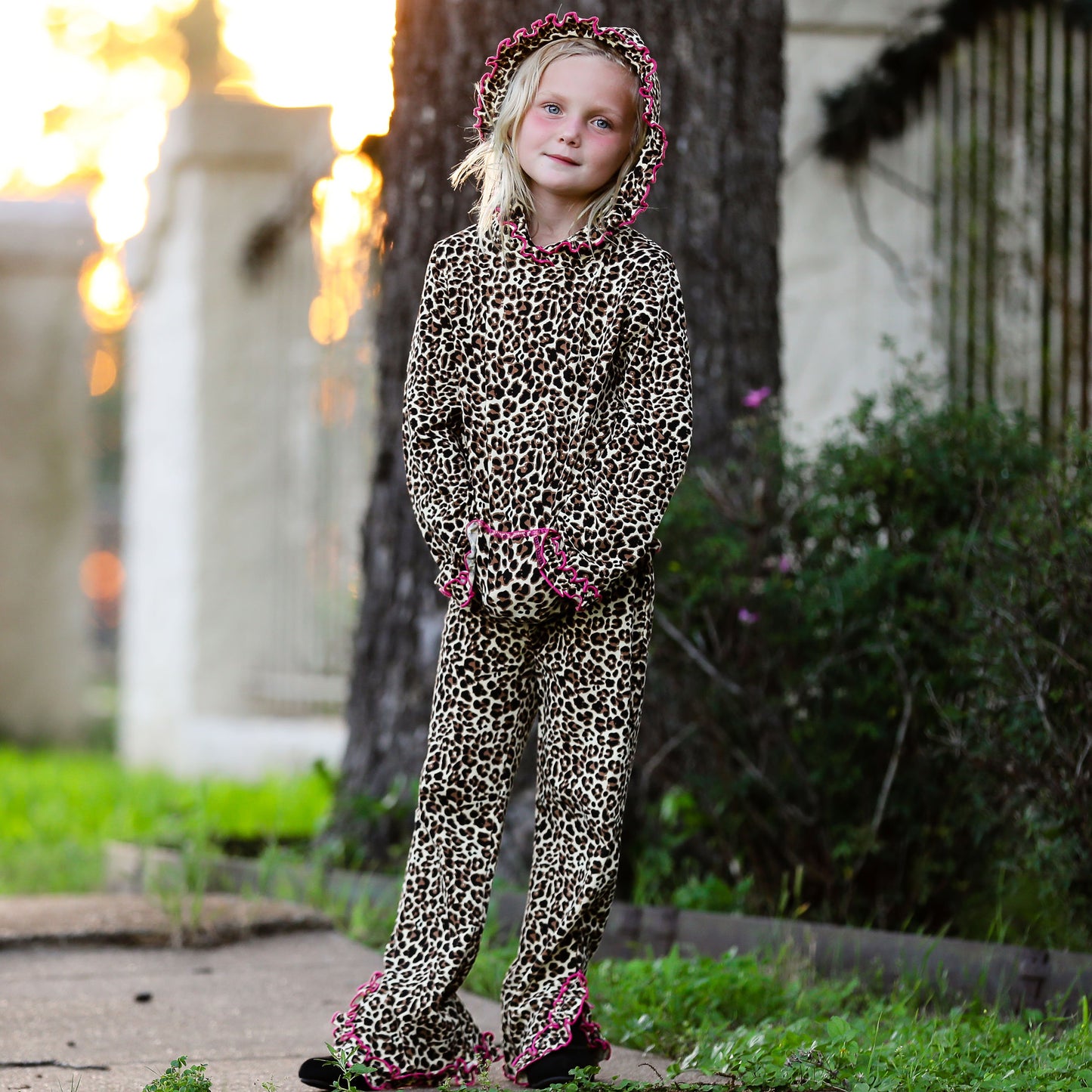 AnnLoren Girls Leopard Ruffle Hoodie 2 Pc Fashion Track Suit - Craze Trends