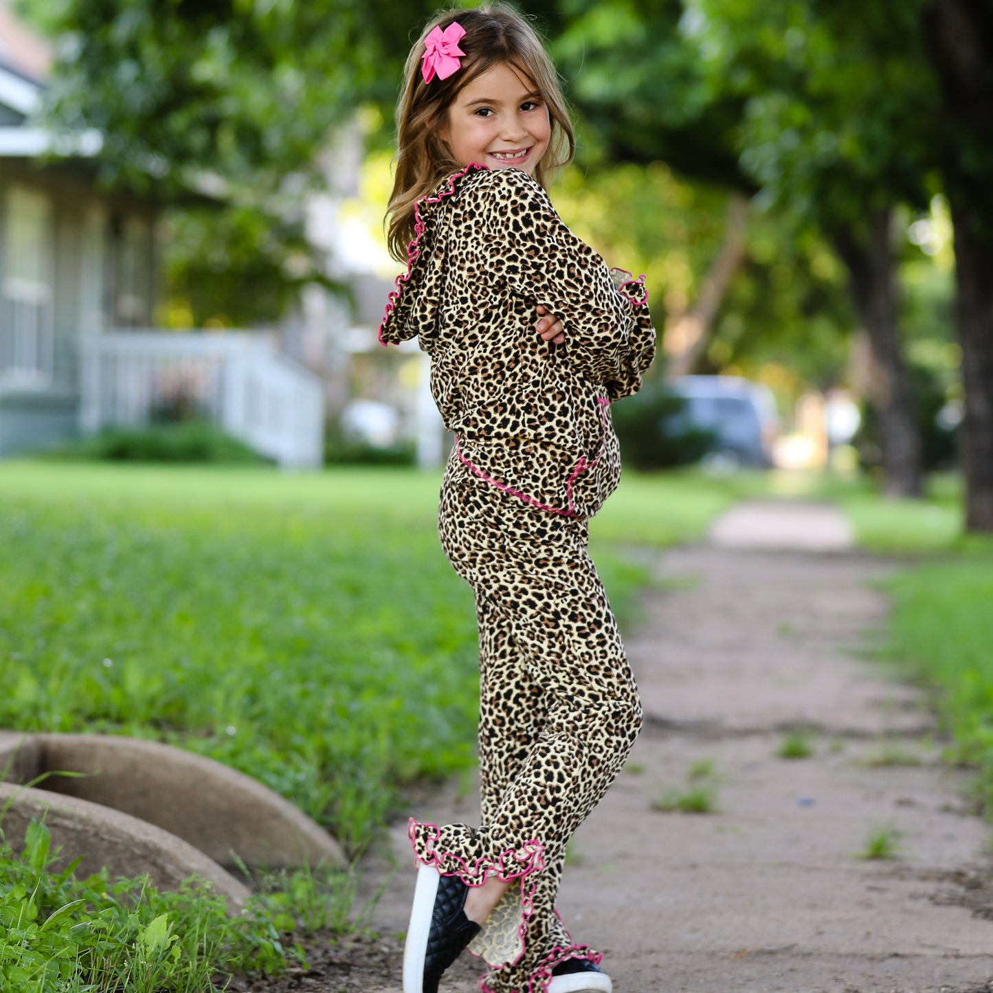 AnnLoren Girls Leopard Ruffle Hoodie 2 Pc Fashion Track Suit - Craze Trends