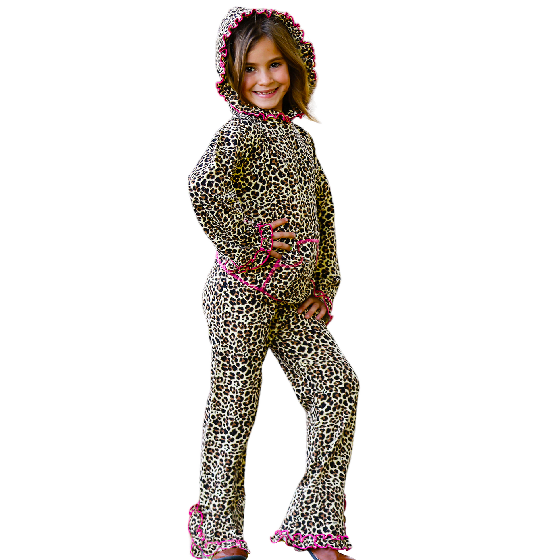 AnnLoren Girls Leopard Ruffle Hoodie 2 Pc Fashion Track Suit - Craze Trends