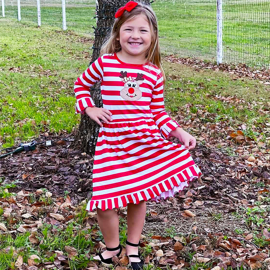 AnnLoren Girls Boutique Red Stripe Christmas Rudolf the Reindeer Swing - Craze Trends