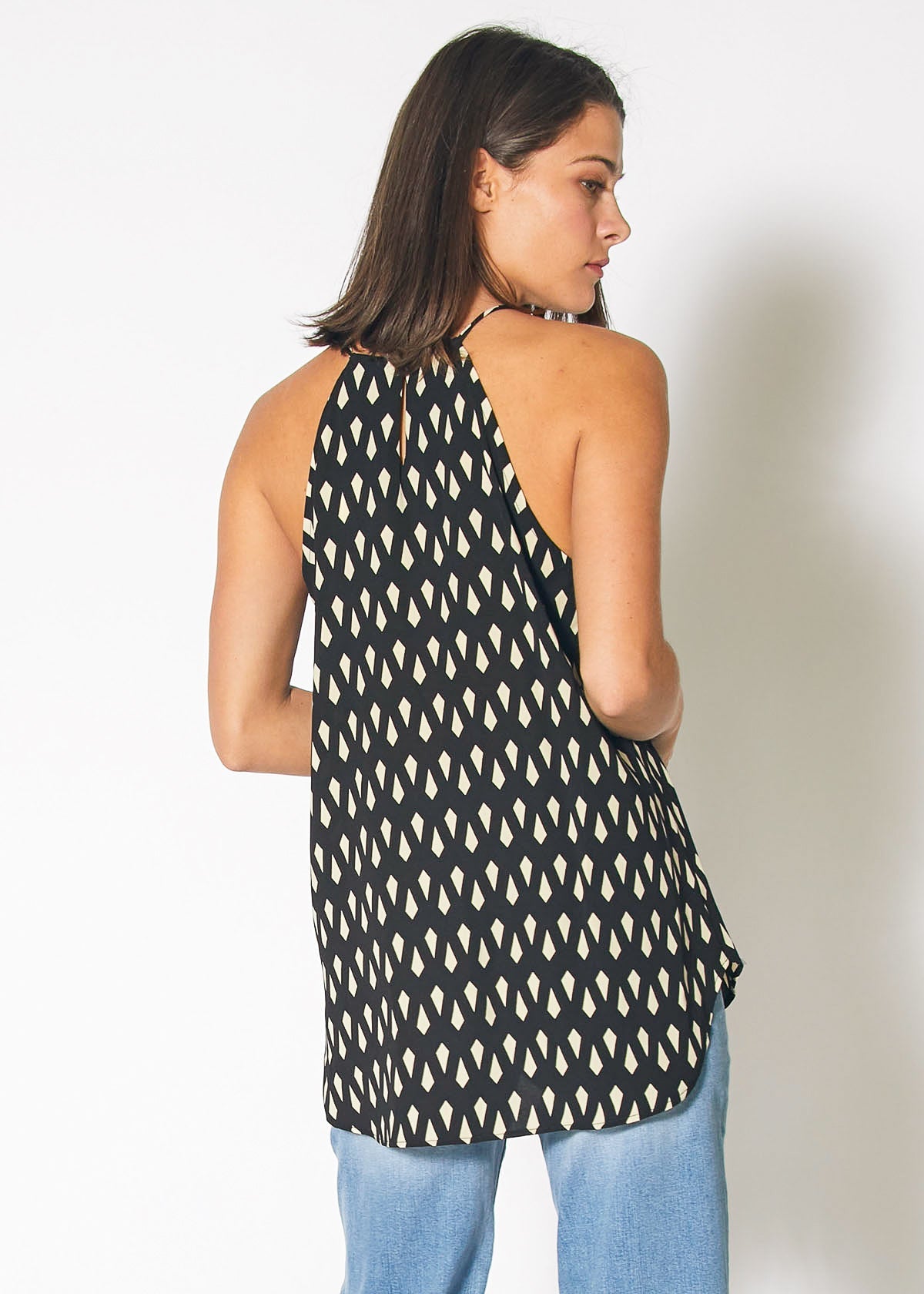 Keyhole Halter Print Sleeveless Top in Black Geo