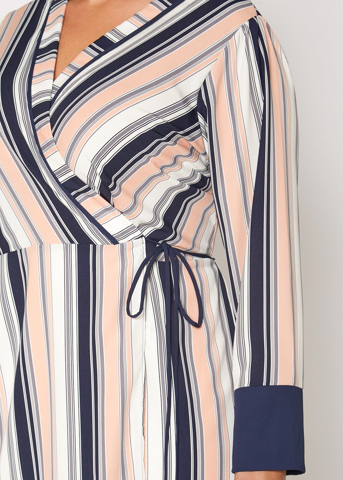 Women's Printed Wrap Dress With Cuff Binding in Multi Stripe