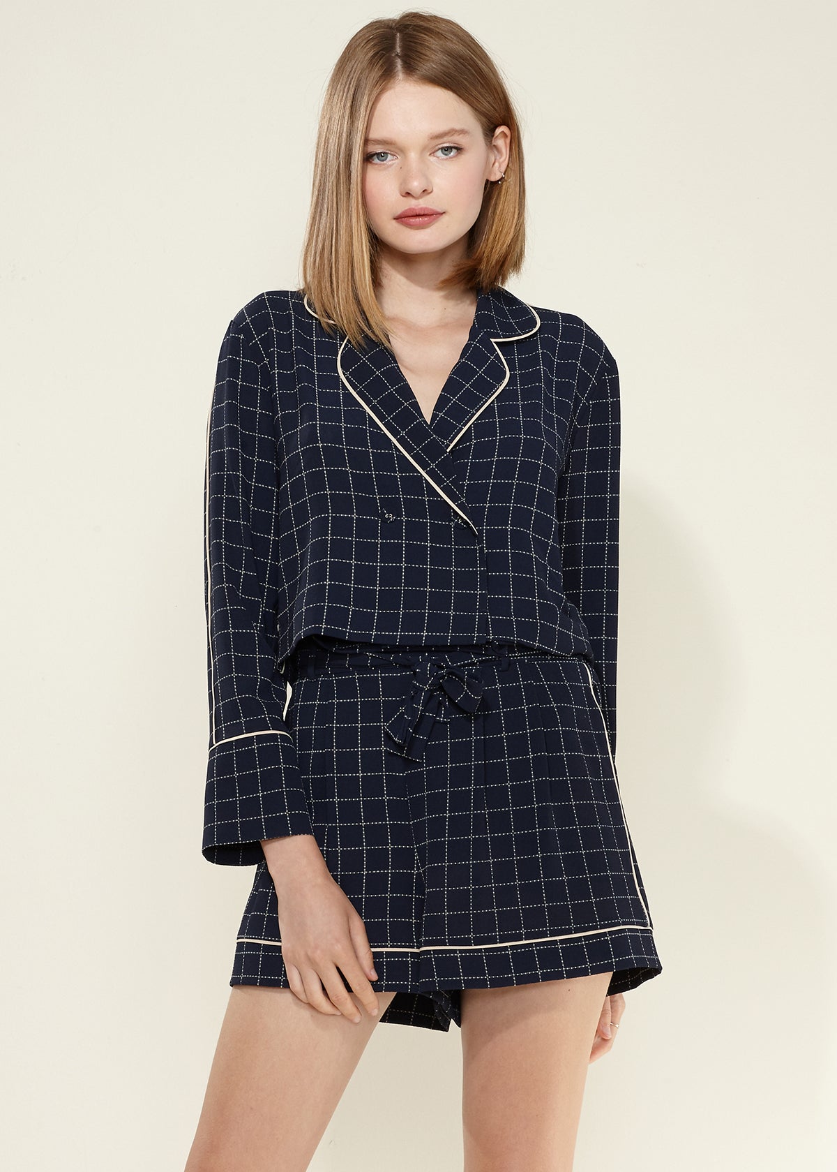 Women's Grid Print Pajama Blouse In Navy Plaid