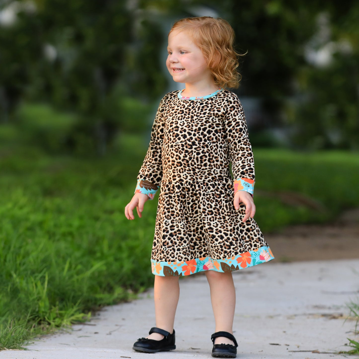 AnnLoren Little & Big Girls Long Sleeve Leopard Rose Fall Floral Dress - Craze Trends