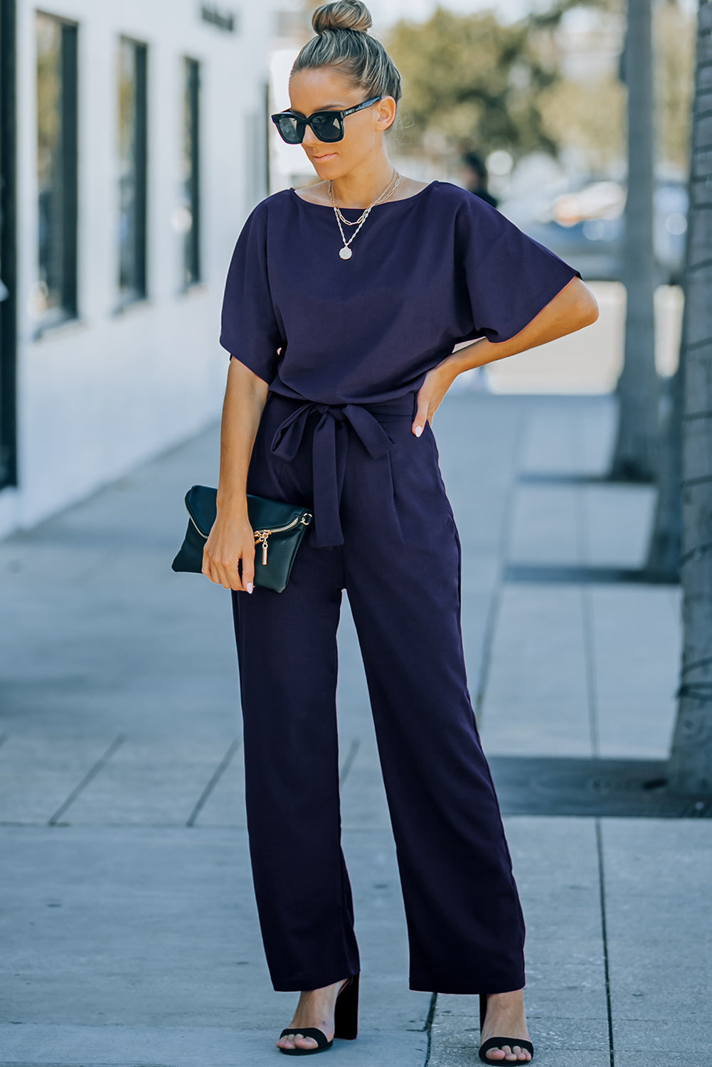 Blue Oh So Glam Belted Wide Leg Jumpsuit