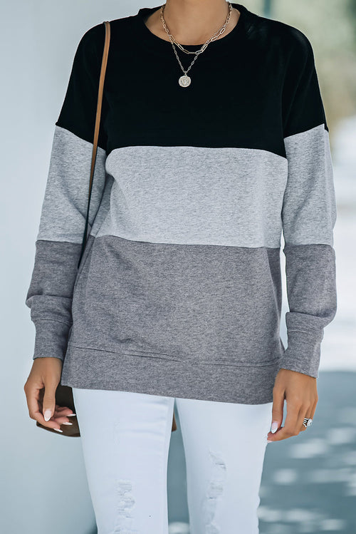 Colorblock Gray Contrast Stitching Sweatshirt with Slits