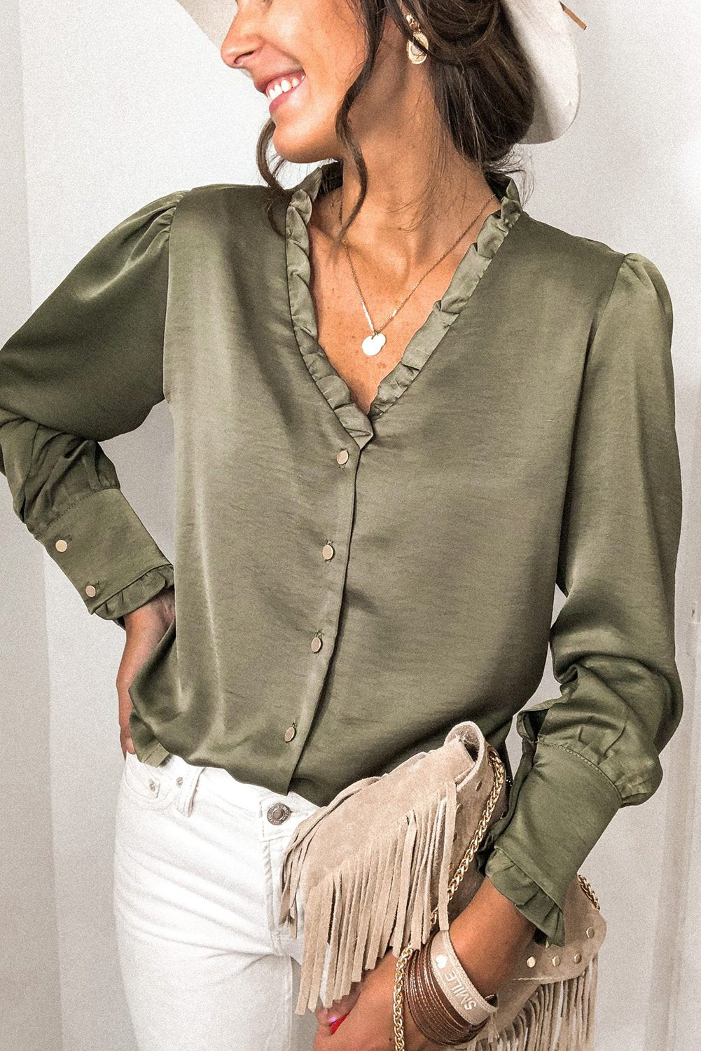 Frilled V Neckline Buttoned French Shirt