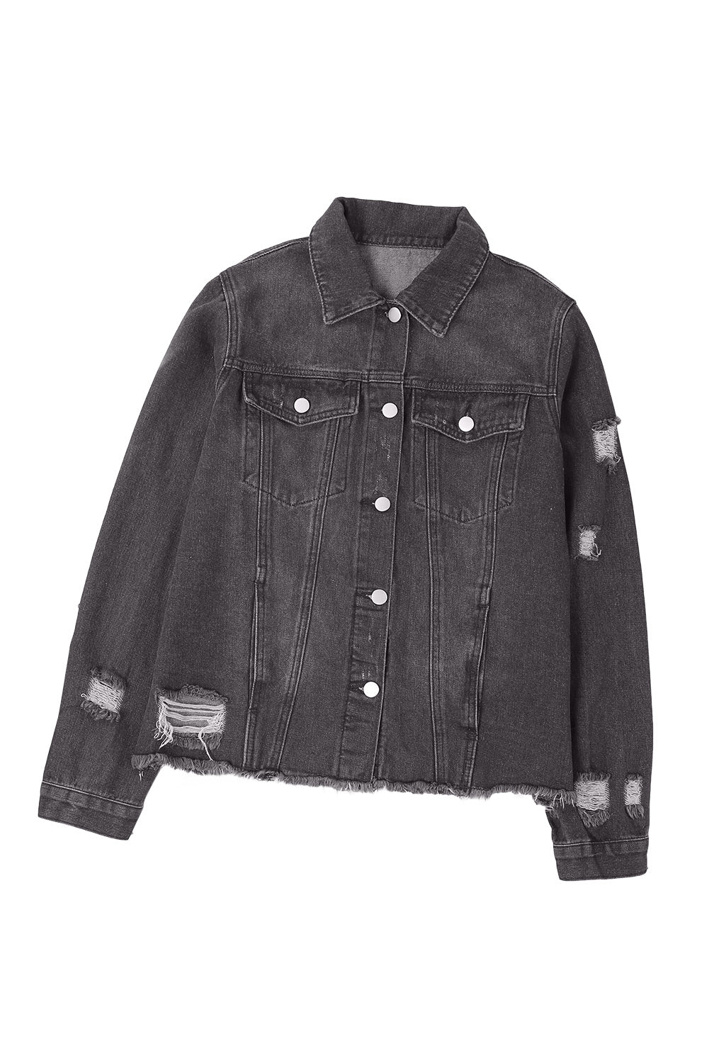 Blue Lapel Distressed Raw Hem Buttons Denim Jacket