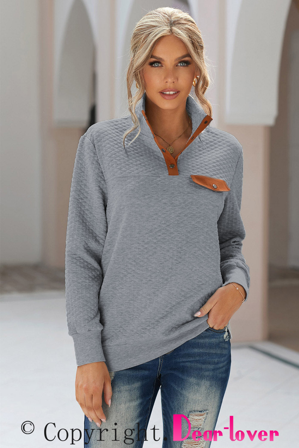 Gray Quilted Snaps Stand Neck Pullover Sweatshirt