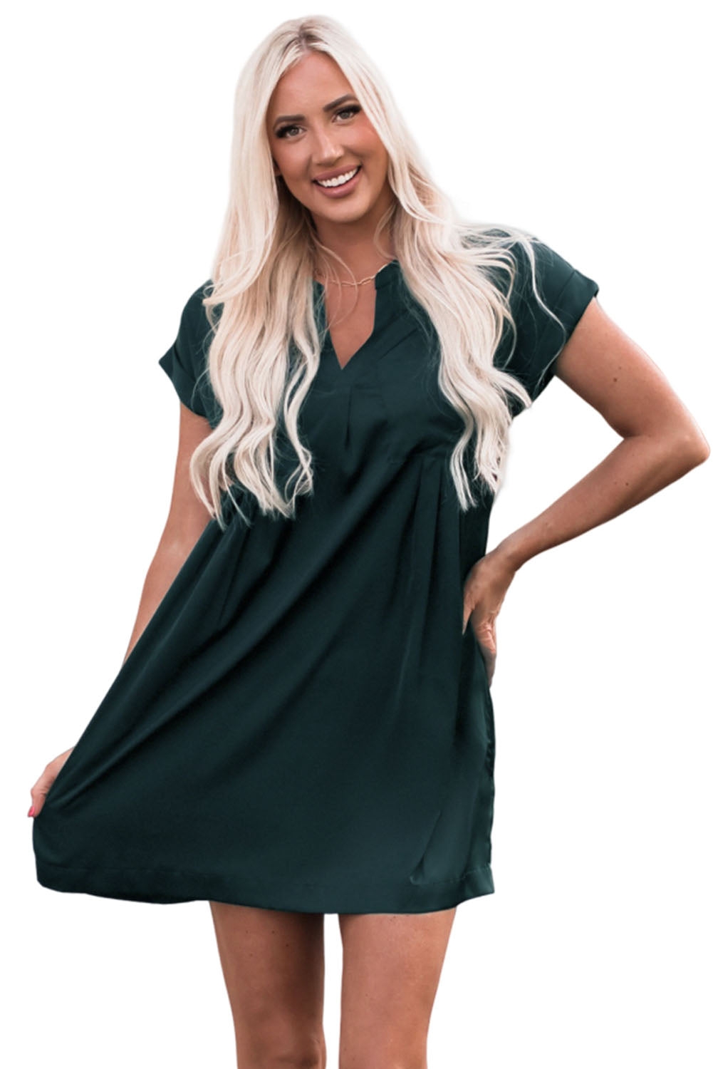 Green Notched Neckline Cuffed Short Sleeve Shift Dress