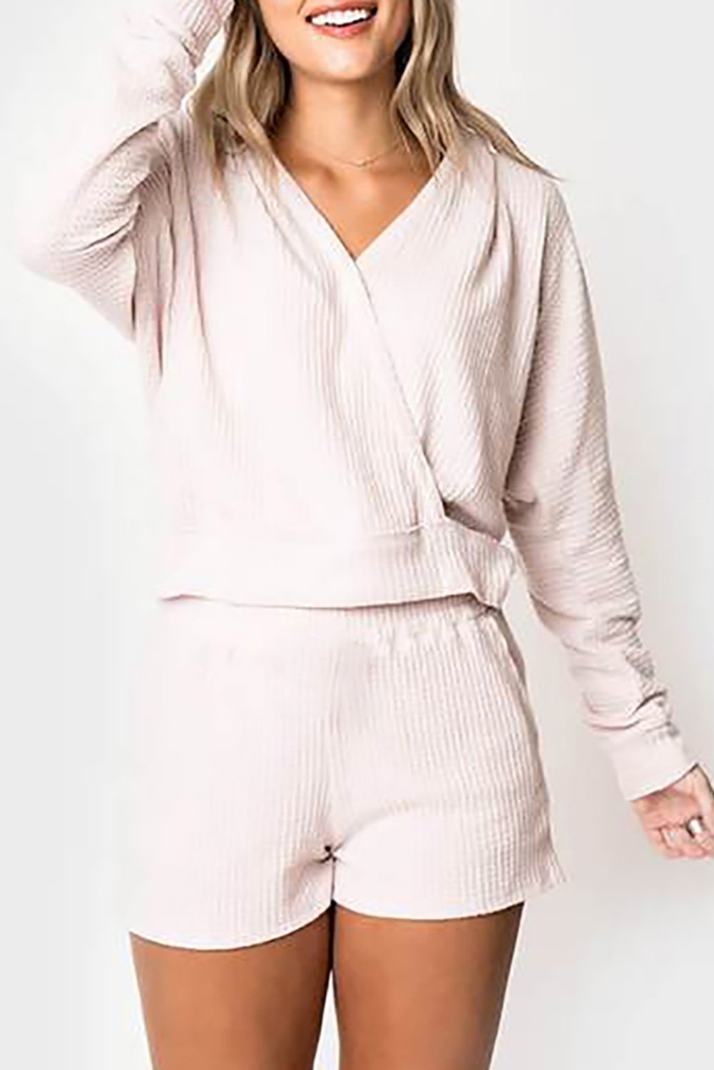 Waffle Texture V Neck Long Sleeve Hoodie & Shorts Two-Piece Loungewear