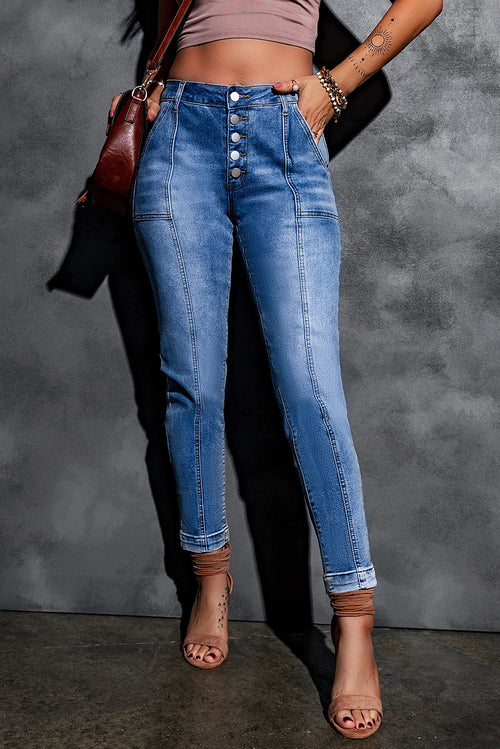 Sky Blue High Rise Button Fly Center Seam Tight Jeans - Craze Trends