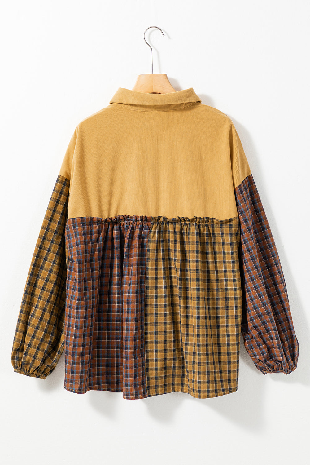 Mustard Contrast Plaid Print Puff Sleeve Shirt