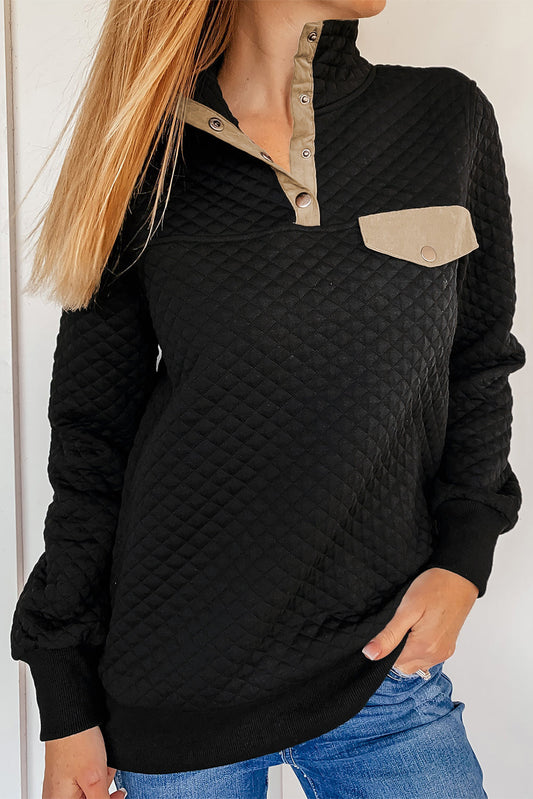 Gray Quilted Snaps Stand Neck Pullover Sweatshirt