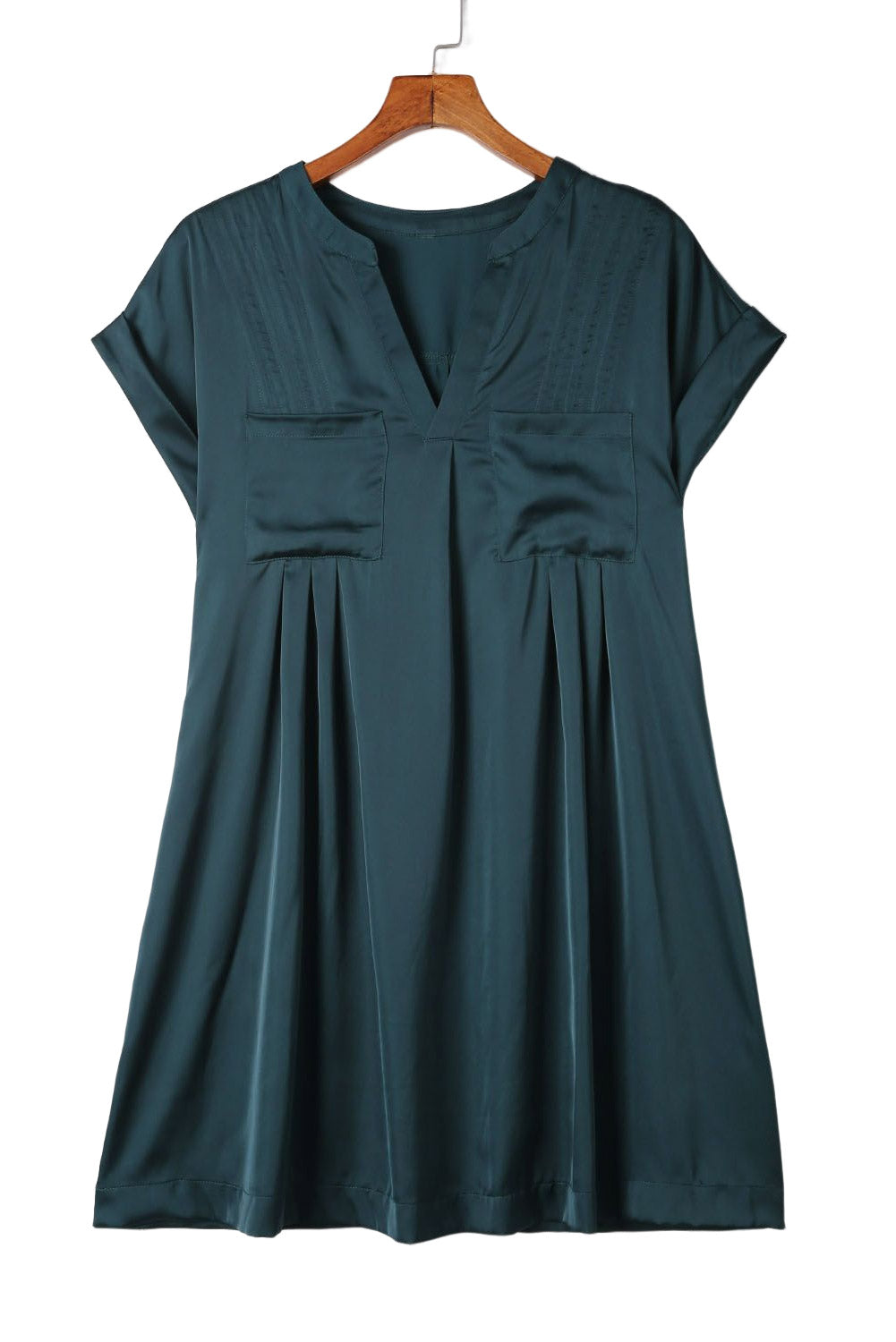 Green Notched Neckline Cuffed Short Sleeve Shift Dress