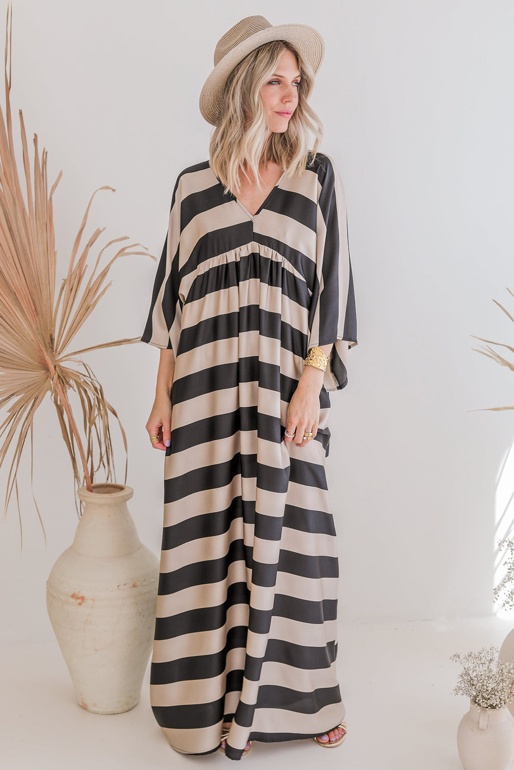 Black V Neck Kimono Sleeve Striped Maxi Dress