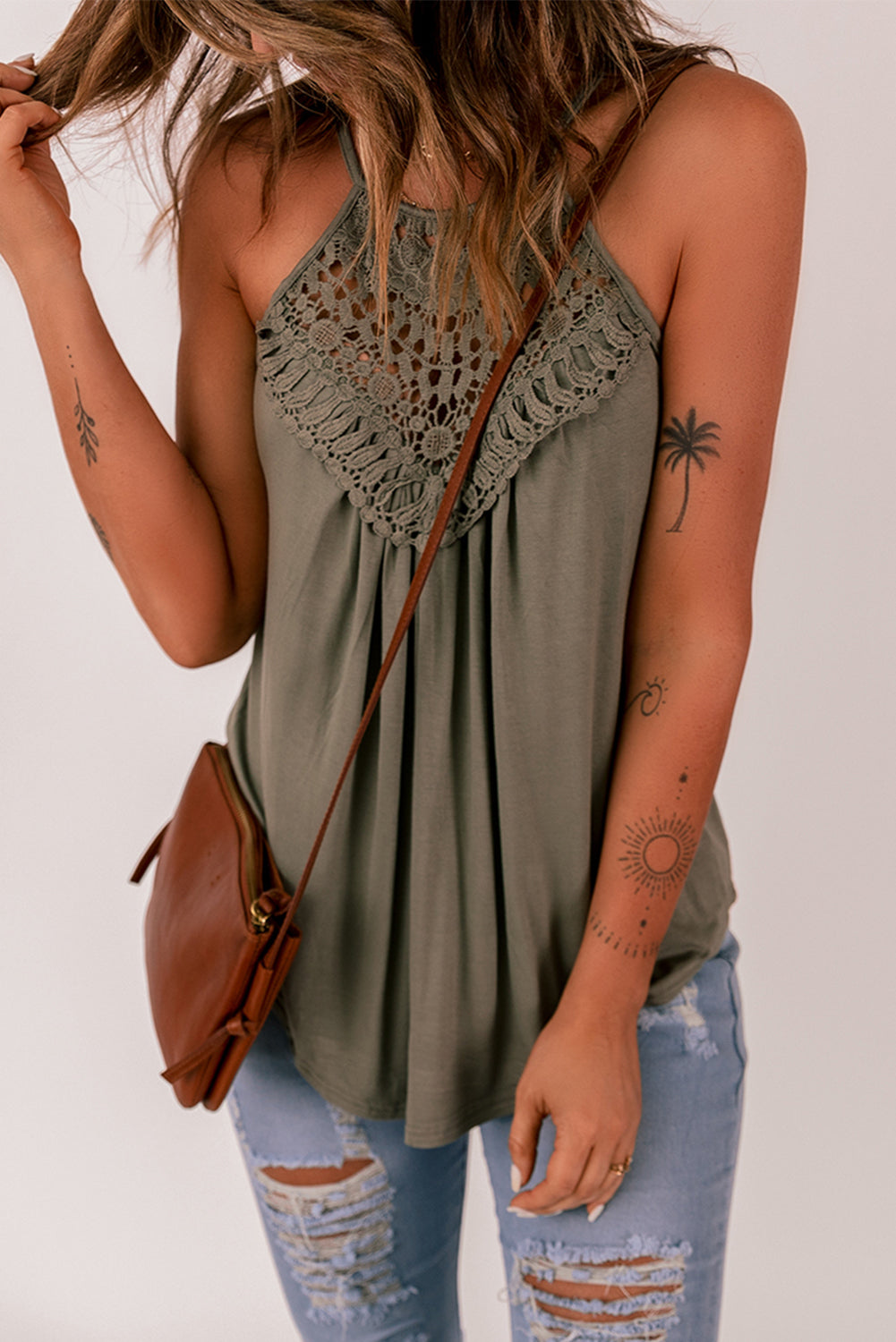 Green Crochet Lace Detail Tank Top