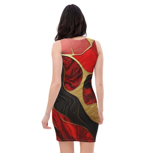 Womens Stretch Fit Bodycon Dress, Brick Red Pattern Black And Gold