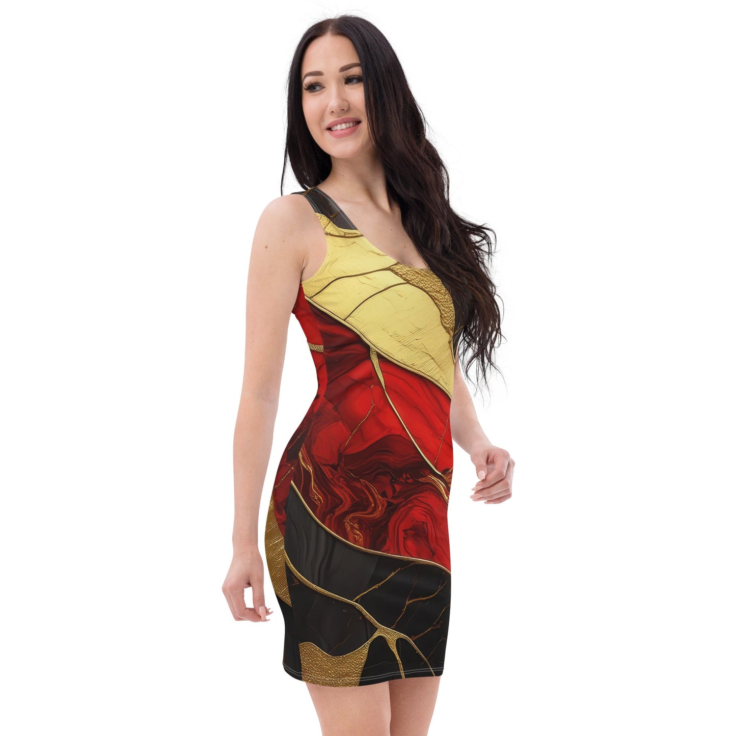 Womens Stretch Fit Bodycon Dress, Brick Red Pattern Black And Gold