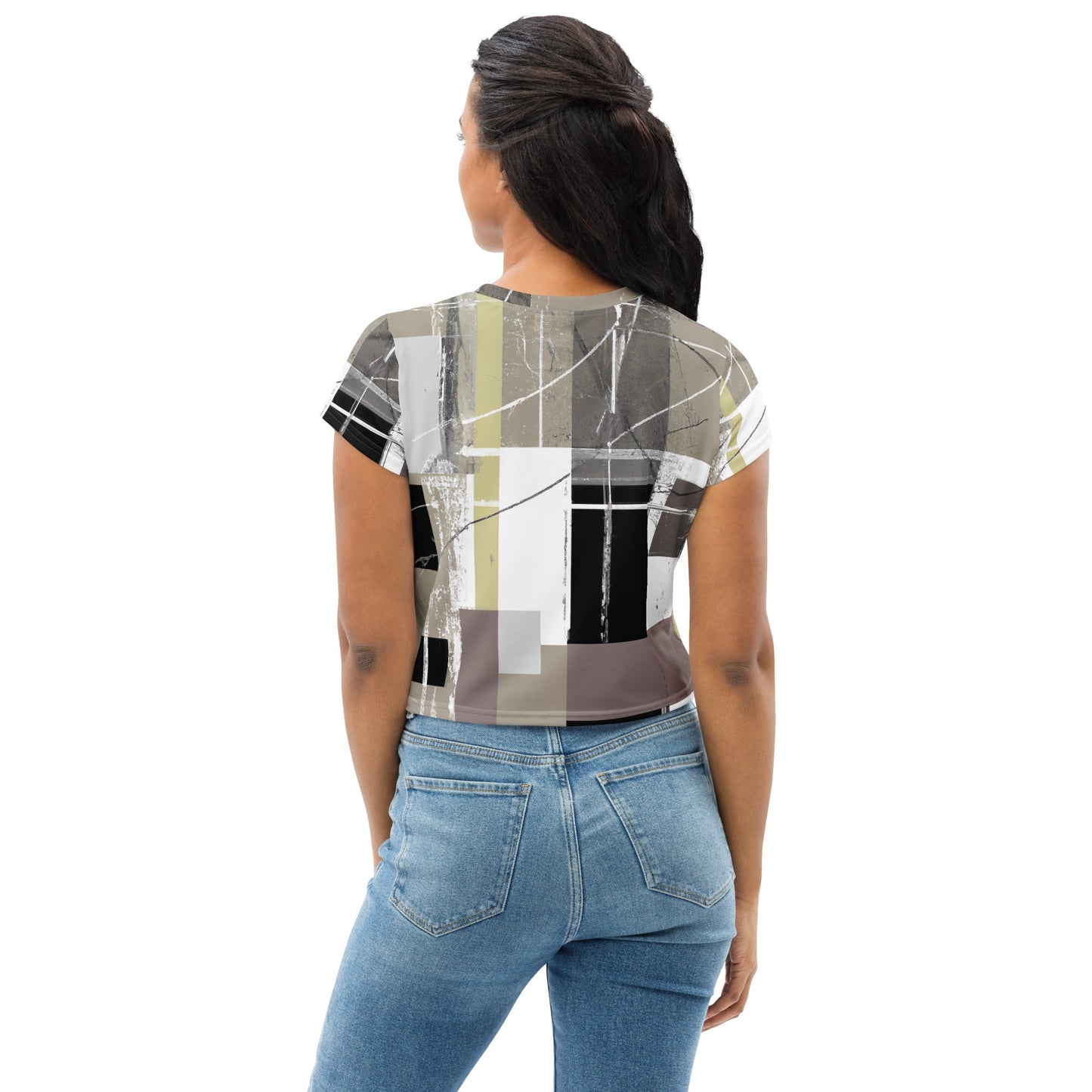 Womens Stretch Fit Crop Tee, Abstract Brown Geometric Shapes - Craze Trends