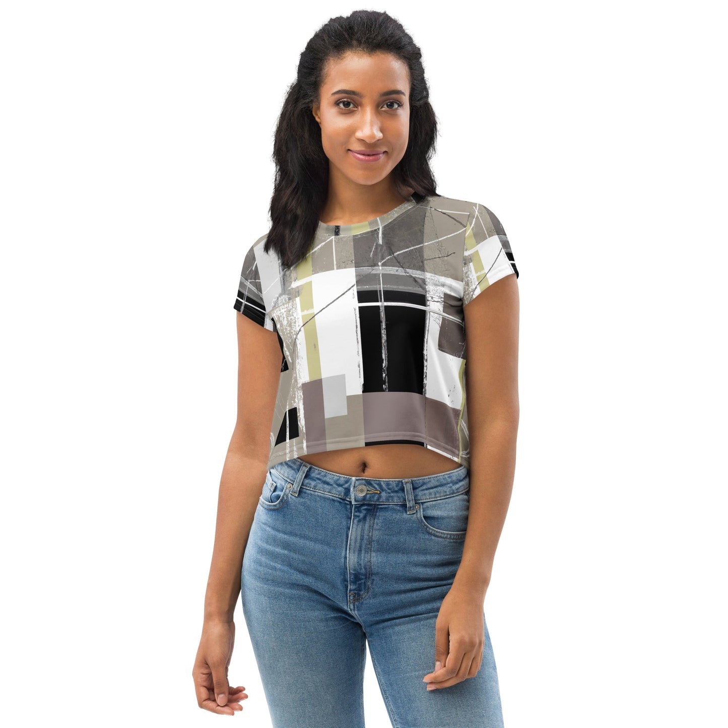 Womens Stretch Fit Crop Tee, Abstract Brown Geometric Shapes - Craze Trends