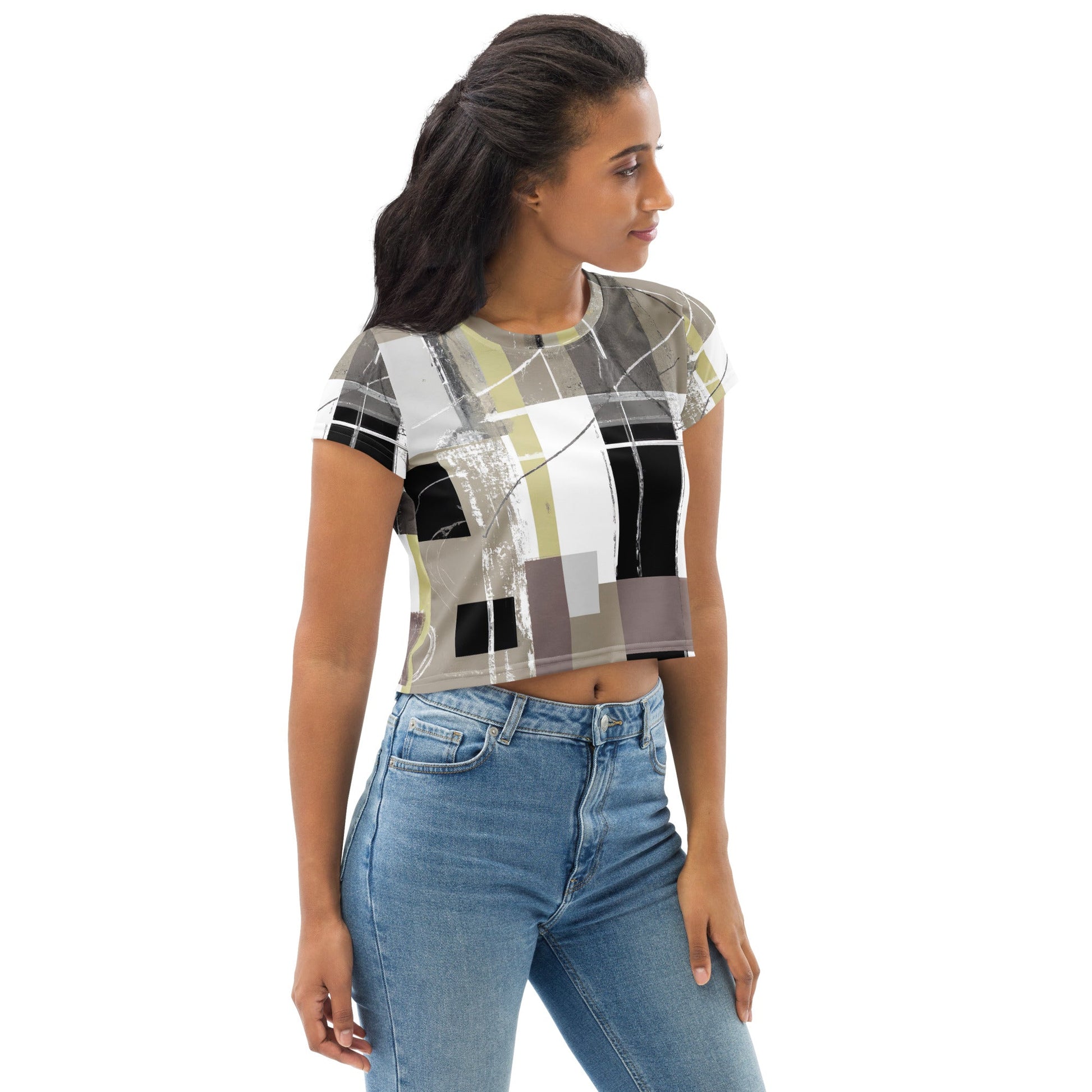 Womens Stretch Fit Crop Tee, Abstract Brown Geometric Shapes - Craze Trends