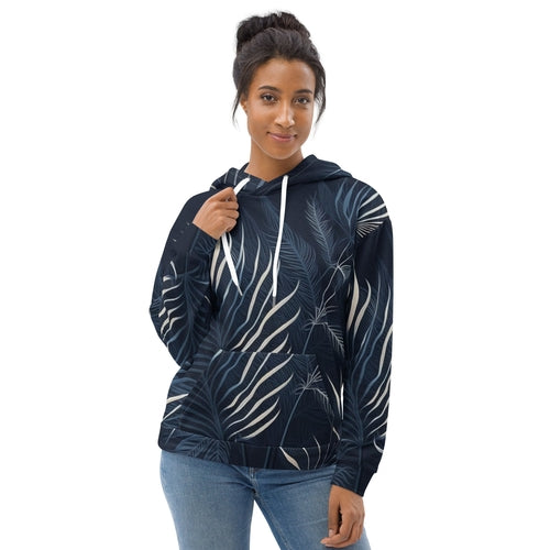 Womens Graphic Hoodie Blue White Palm Leaves - Craze Trends