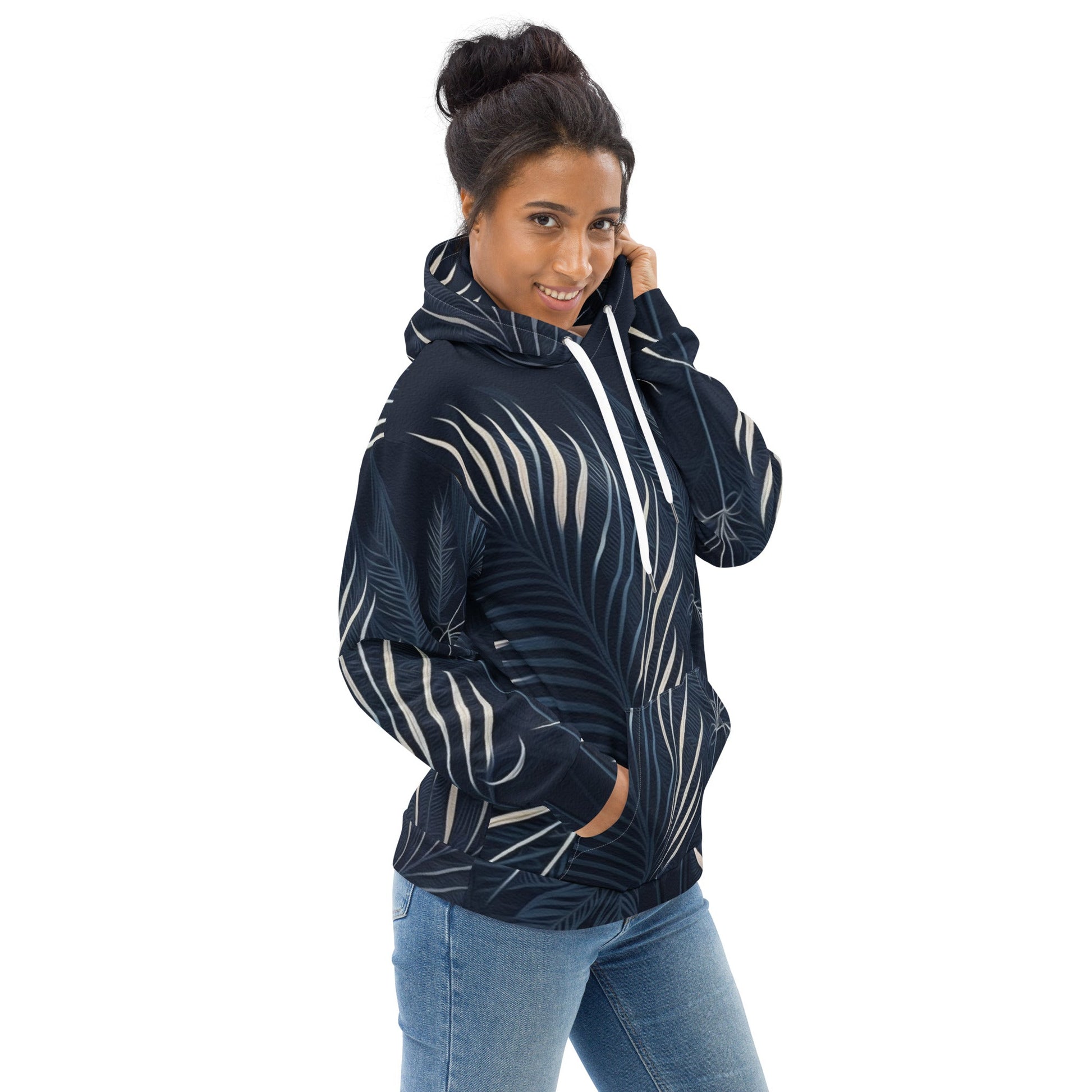 Womens Graphic Hoodie Blue White Palm Leaves - Craze Trends