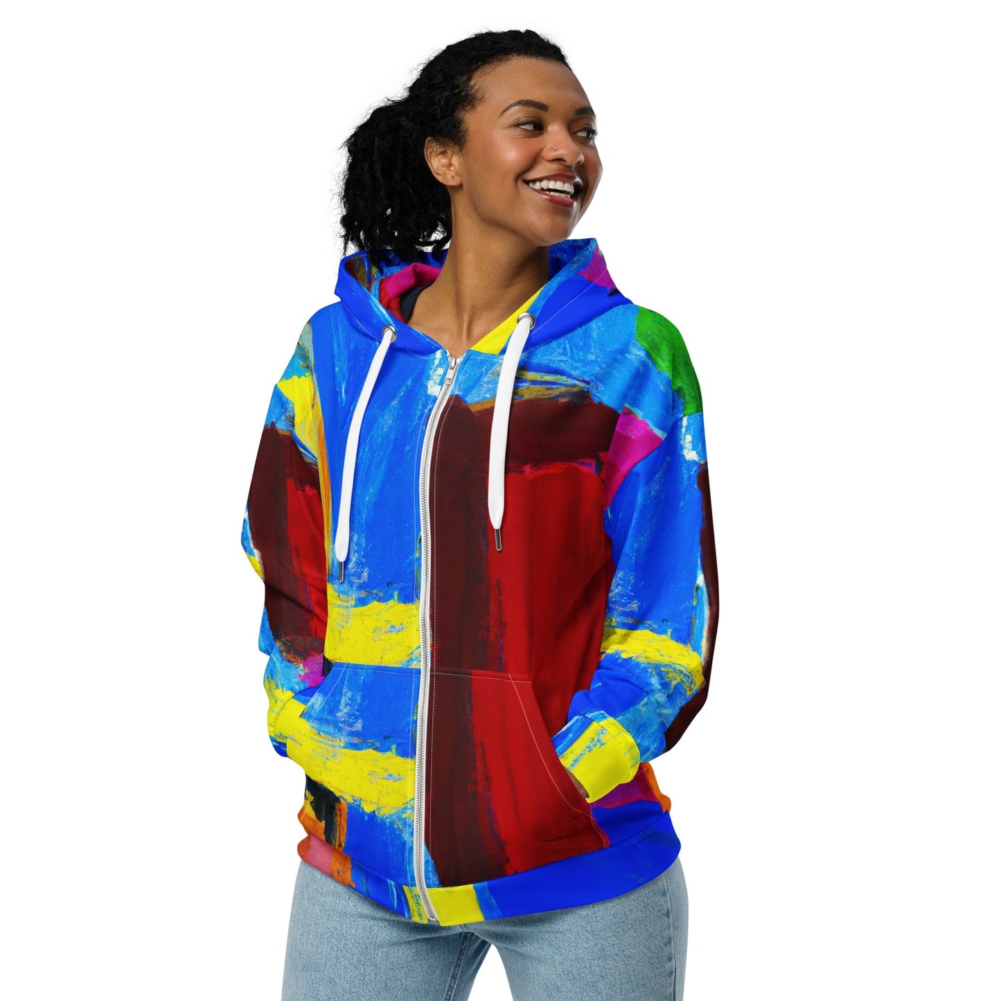 Womens Graphic Zip Hoodie Blue Red Abstract Pattern - Craze Trends