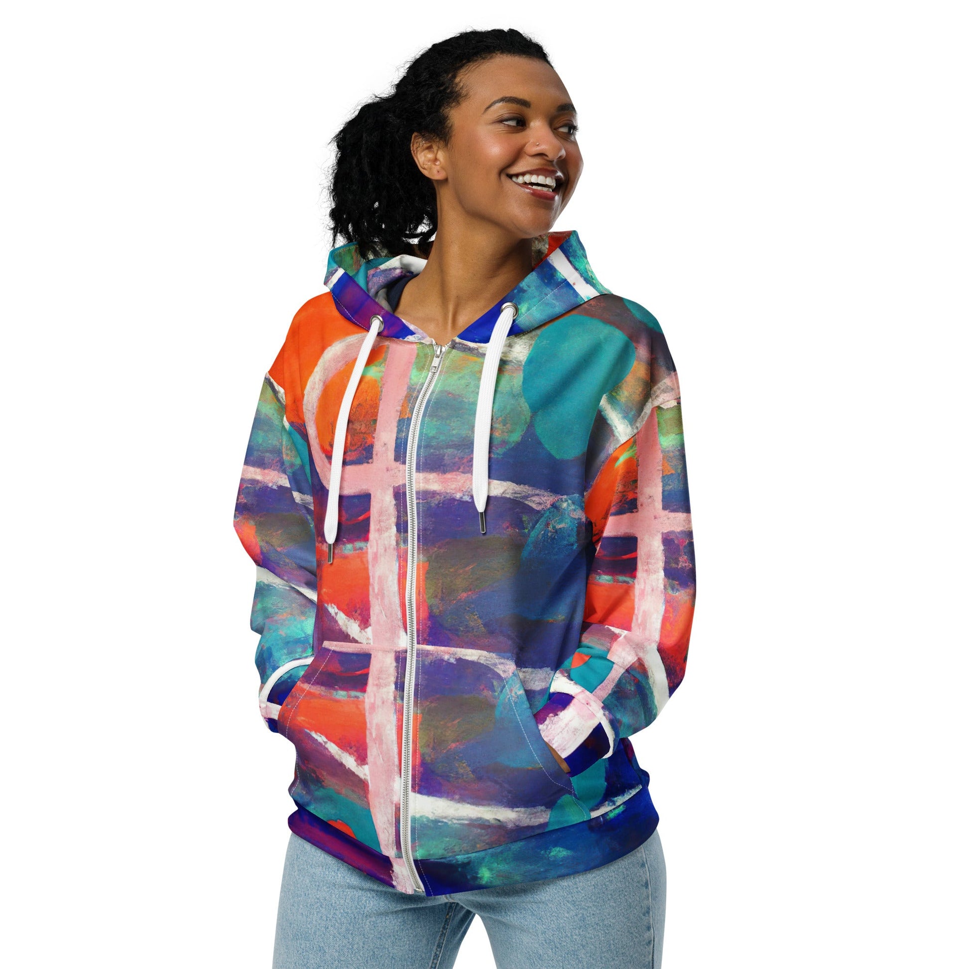 Womens Graphic Zip Hoodie Red Blue Abstract Pattern - Craze Trends