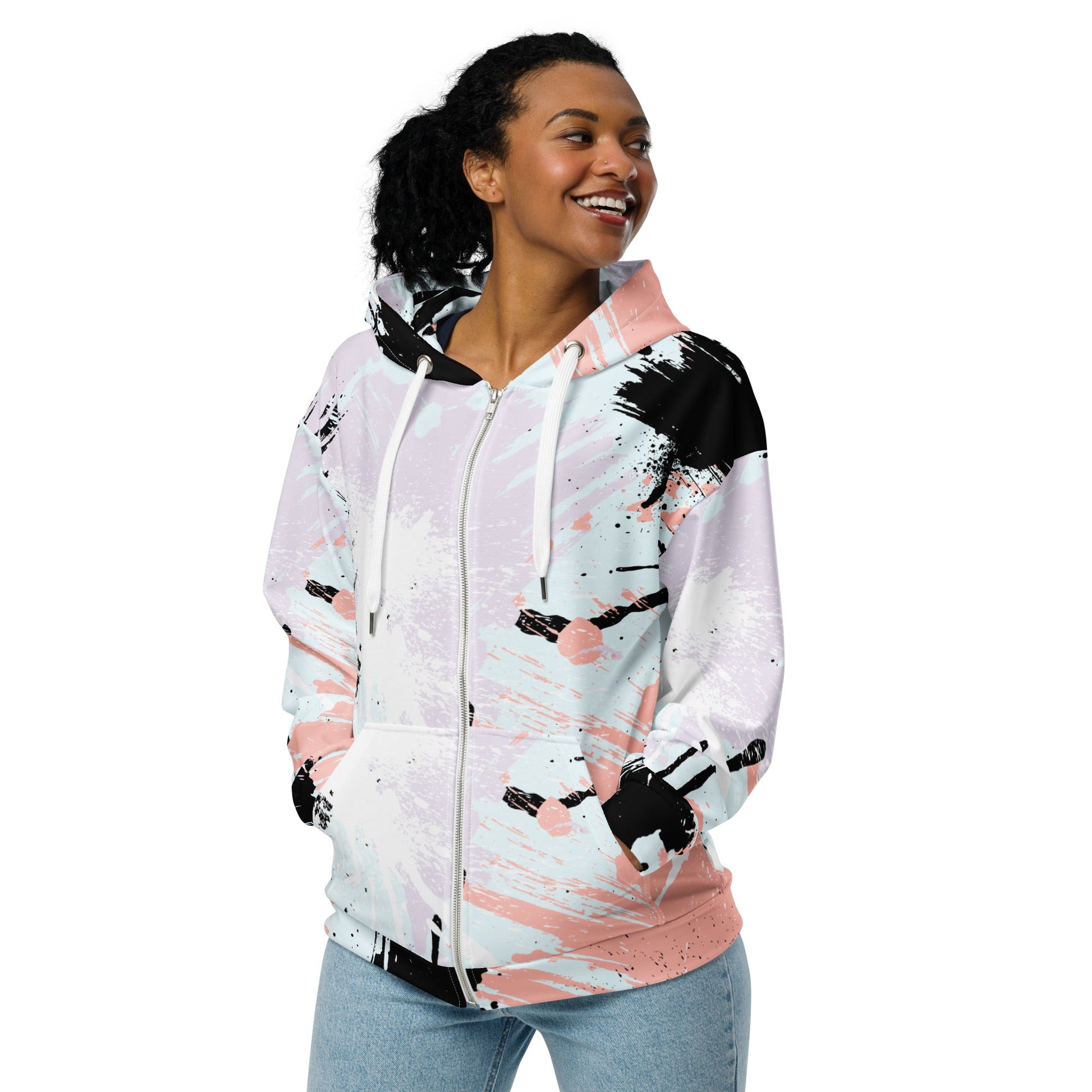 Womens Graphic Zip Hoodie Pink Black Abstract Pattern - Craze Trends