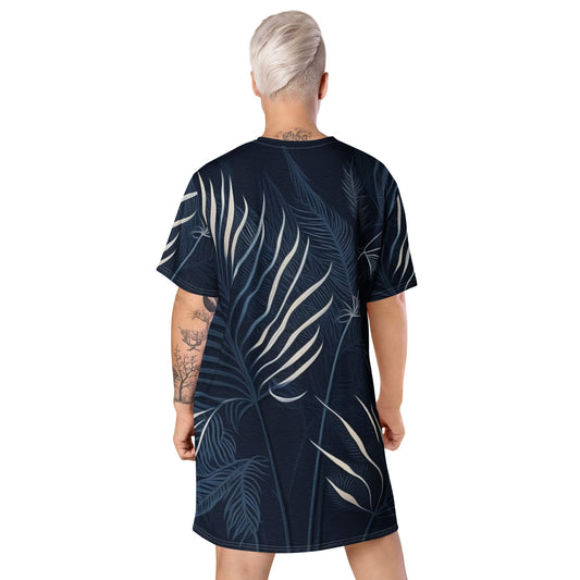 Womens Graphic T-shirt Dress, Blue White Palm Leaves - Craze Trends