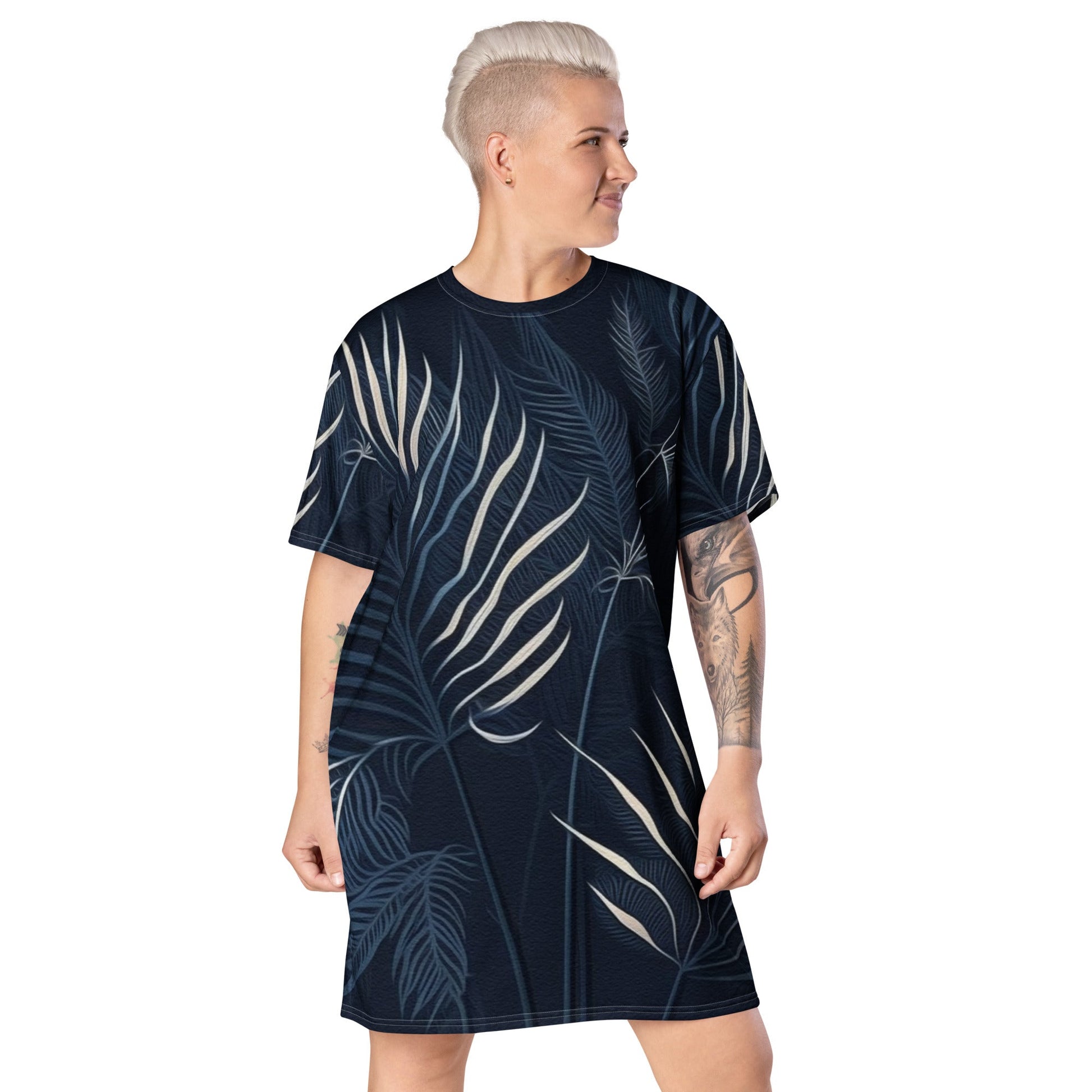 Womens Graphic T-shirt Dress, Blue White Palm Leaves - Craze Trends