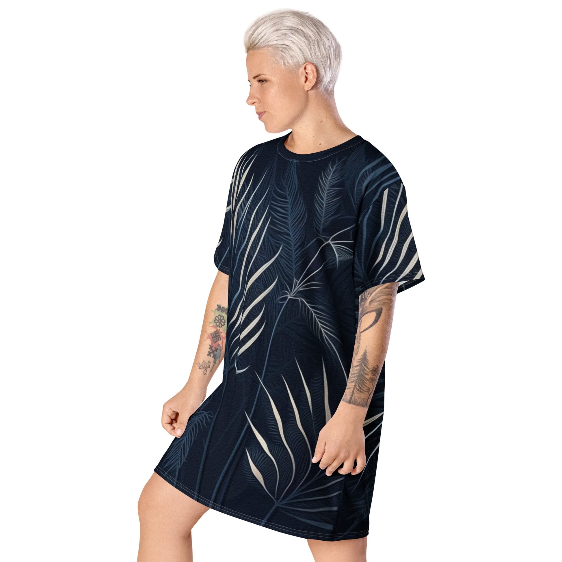 Womens Graphic T-shirt Dress, Blue White Palm Leaves - Craze Trends