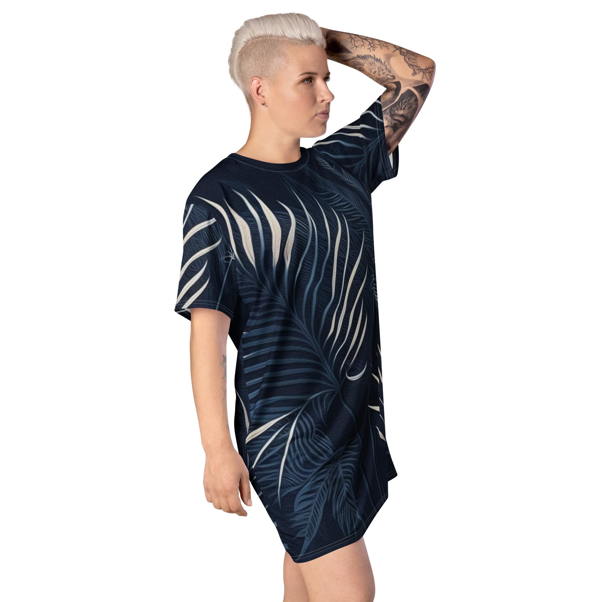 Womens Graphic T-shirt Dress, Blue White Palm Leaves - Craze Trends