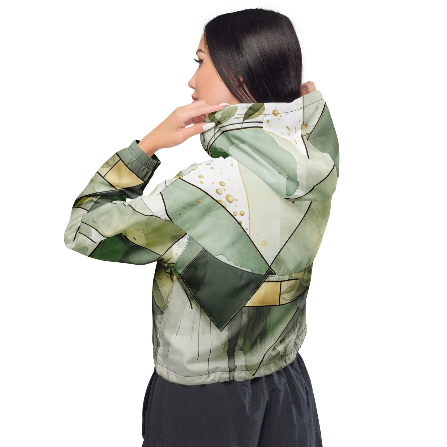 Womens Cropped Windbreaker Jacket, Olive Green Mint Leaf Geometric - Craze Trends