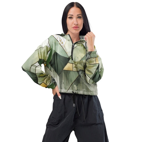 Womens Cropped Windbreaker Jacket, Olive Green Mint Leaf Geometric - Craze Trends