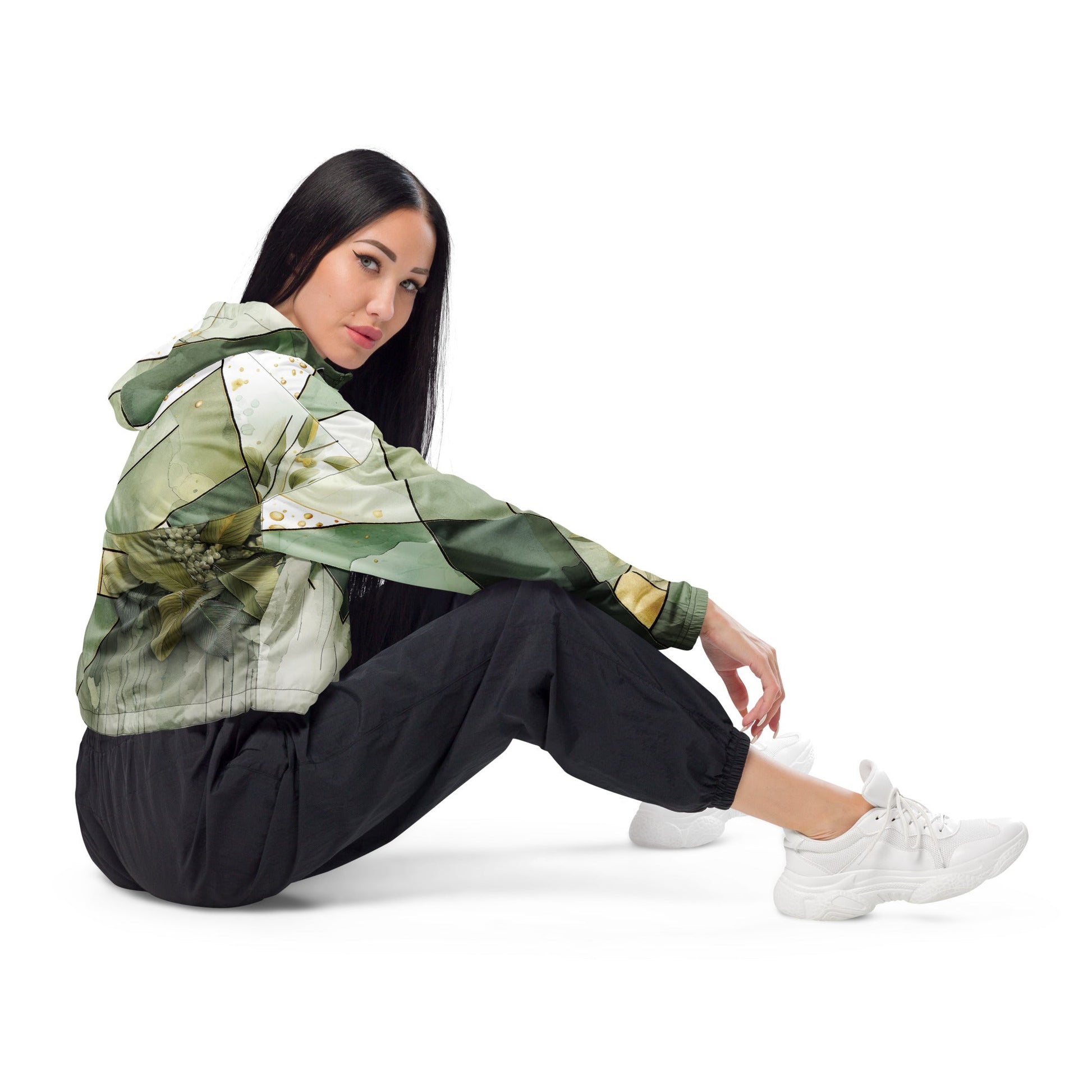 Womens Cropped Windbreaker Jacket, Olive Green Mint Leaf Geometric - Craze Trends