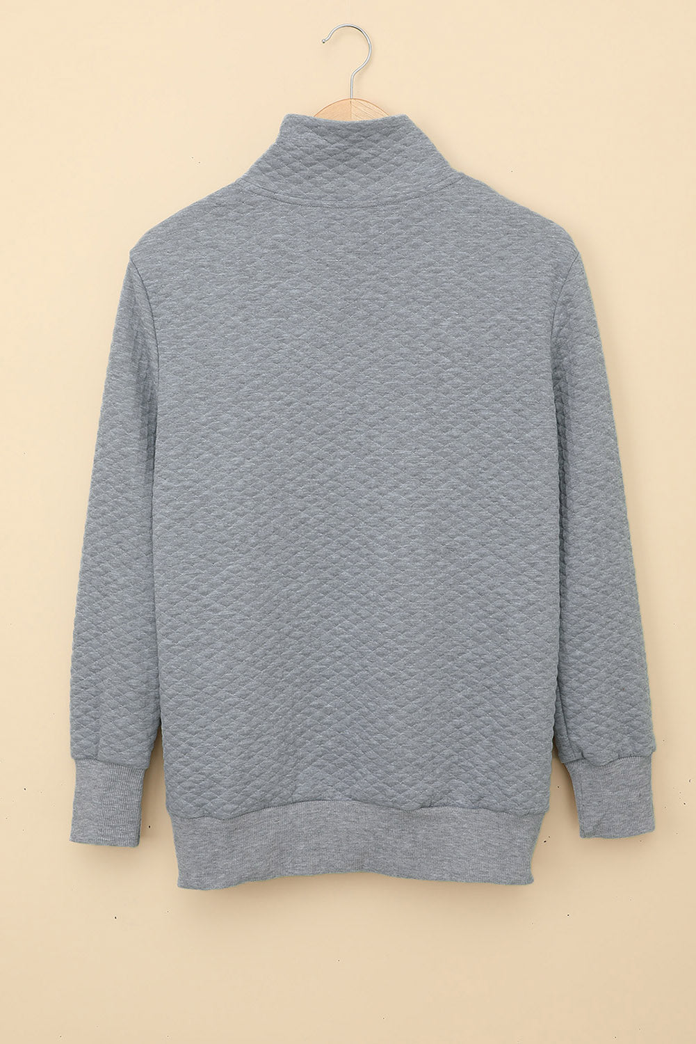 Gray Quilted Snaps Stand Neck Pullover Sweatshirt