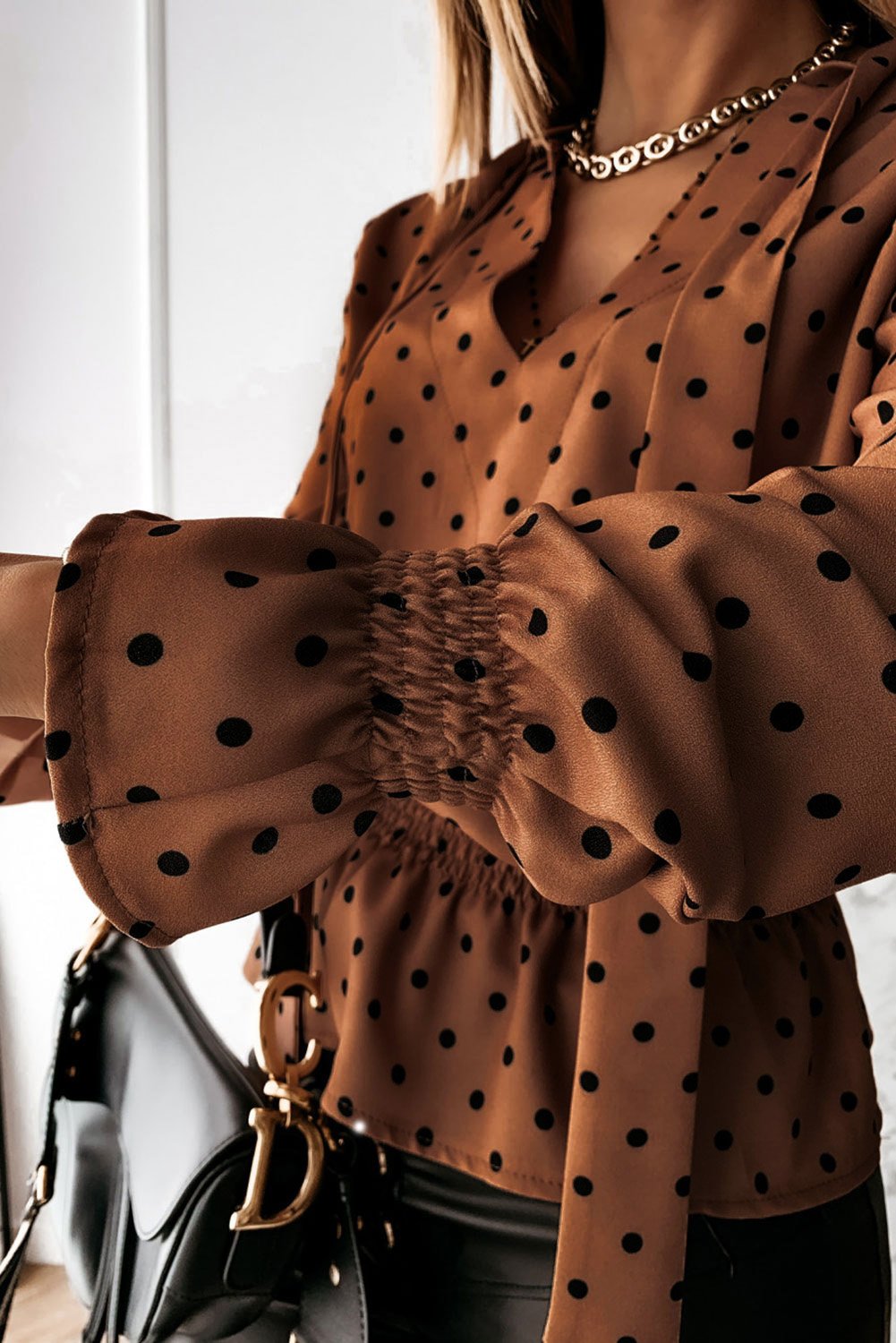 Khaki V Neck Tie Polka Dot Ruffled Blouse