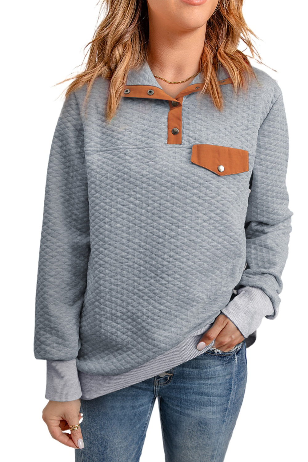 Gray Quilted Snaps Stand Neck Pullover Sweatshirt